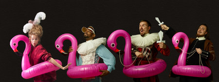 Swimming flamingo like horses. Medieval people as a royalty persons in vintage clothing on dark background. Concept of comparison of eras, modernity and renaissance, baroque style. Creative collage.の写真素材