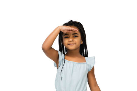Looking for. Happy longhair brunette little girl on white studio background with copyspace for ad....