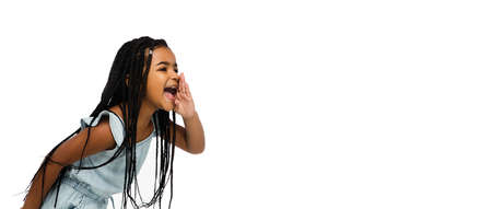 Flyer. Happy longhair brunette little girl isolated on white studio background with copyspace for...