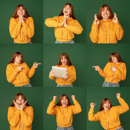 Collage made of photos of beautiful females half-length portraits isolated on green studio background. Young emotional redhair girl. Facial expression, human emotions. Smiling, hopeful, pointingの写真素材
