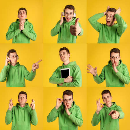 Collage made of photos of beautiful males half-length portraits isolated on yellow studio...
