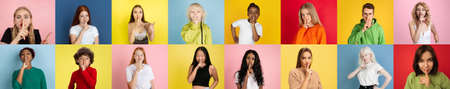Collage of faces of 16 emotional people on multicolored backgrounds. Expressive models, multiethnic...