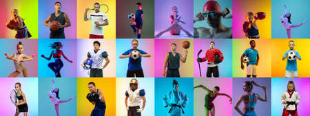 Sport collage of 20 professional athletes on gradient multicolored neoned background. Concept of motion, action, active lifestyle, wellness. Football, soccer, basketball, tennis, box. Made of models.の写真素材
