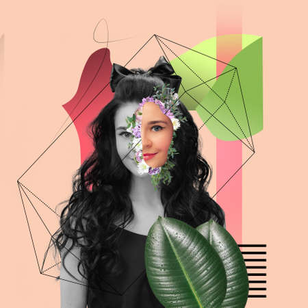 Contemporary art collage. Line art. Beautiful young girl looking at camera isolated on geometric light background. BW portrait. Copy space for text, ad. Square composition. Modern artwork.の写真素材