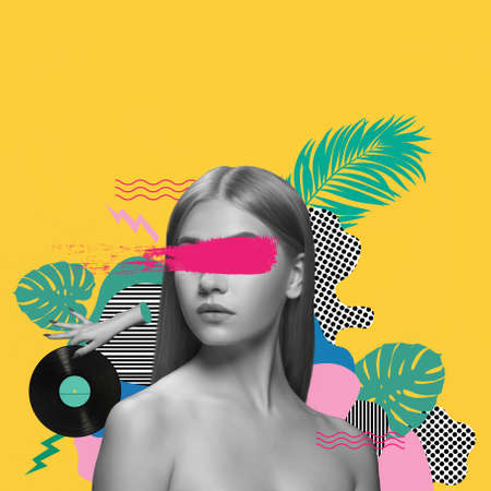 Contemporary art collage. Beautiful young girl posing on abstacrt floral yellow background. Art collage. Bw, green and pink. Copy space for text, ad. Square composition.の写真素材