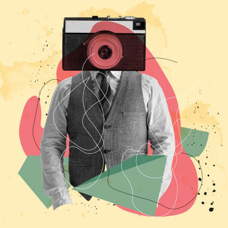 Contemporary art collage. Lines art. Young man businessman headed of camera isolated over light yellow background. Trendy colors. Copy space for text, ad. Square composition. Modern artwork.の写真素材