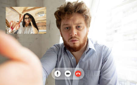 Team working by group video call share ideas brainstorming use video conference. PC screen view with...