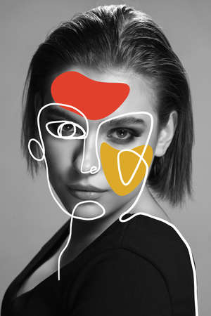 Art portrait of young woman, fashion model with abstract geometrical drawings by modern one line style technique. Contemporary art, beauty, colors, glamour, inspiration. New look of paintography.の写真素材