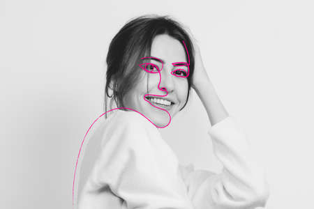 Art portrait of young woman, fashion model with abstract geometrical drawings by modern one line style technique. Contemporary art, beauty, colors, glamour, inspiration. New look of paintography.の写真素材