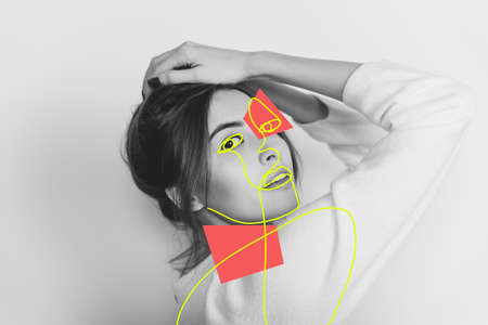 Art portrait of young woman, fashion model with abstract geometrical drawings by modern one line style technique. Contemporary art, beauty, colors, glamour, inspiration. New look of paintography.の写真素材