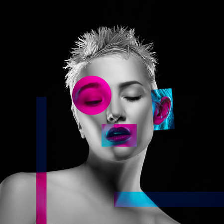 Young womans portrait made of different pieces of faces, modern art collage. New vision of beauty and fashion, make up, hairstyle. Modern style, contemporary view of emotions, feelings.の写真素材