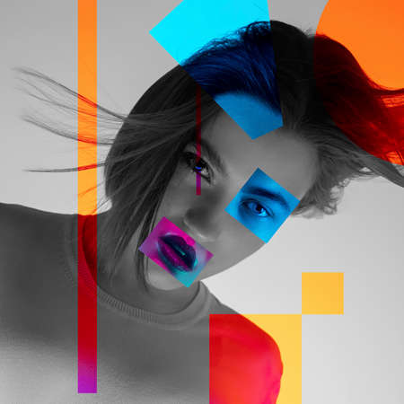 Young womans portrait made of different pieces of faces, modern art collage. New vision of beauty...