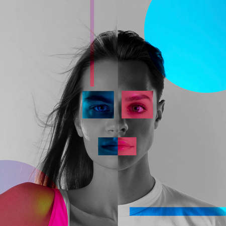 Young womans portrait made of different pieces of faces, modern art collage. New vision of beauty and fashion, make up, hairstyle. Modern style, contemporary view of emotions, feelings.の写真素材