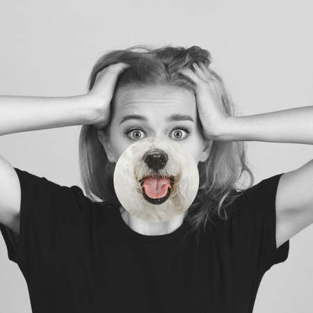 Contemporary artwork collage concept. Portrait of woman with pets tongue sticked out, bw style....