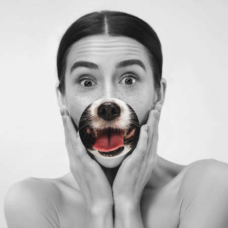 Contemporary artwork collage concept. Portrait of woman with pets tongue sticked out, bw style....