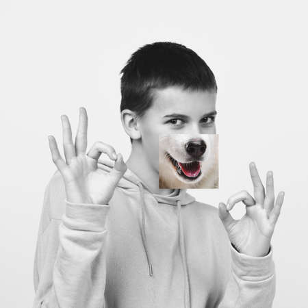 Contemporary artwork collage concept. Portrait of woman with pets tongue sticked out, bw style. Concept of modern design, surrealism, fun, creativity, inspiration.の写真素材