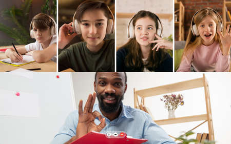 Group of kids, class studying by group video call, use video conference with each other and teacher. PC screen view with application ad. Easy, comfortable usage concept, education, online, childhood.の写真素材