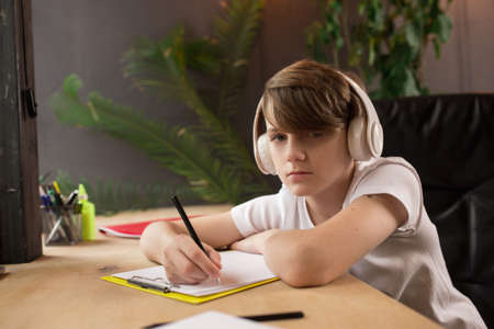 Little boy studying by group video call, use video conference with teacher, listening to online...
