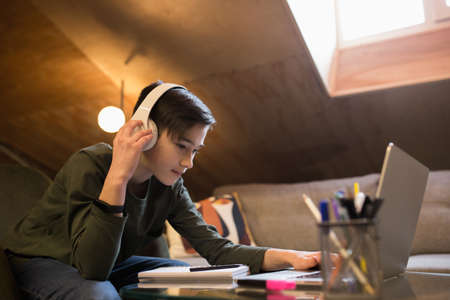 Little boy studying by group video call, use video conference with teacher, listening to online...