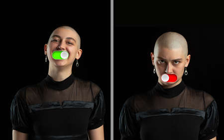 Feelings change. Mood switch on female face. Happy and angry, splitting personality. Modern...