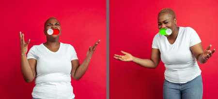 Breaking down. Mood switch on female face. Happy and angry, splitting personality. Modern interface and human emotions. Contemporary artwork, facial expression in tech world. Digital emoji portrait.の写真素材