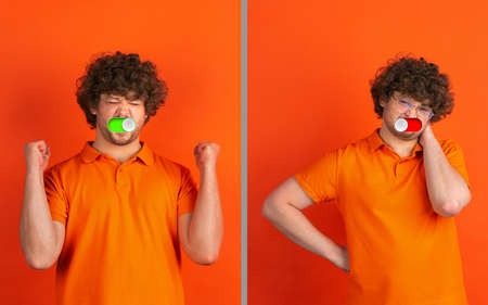Fun in difference. Mood switch on male face. Happy and angry, splitting personality. Modern...