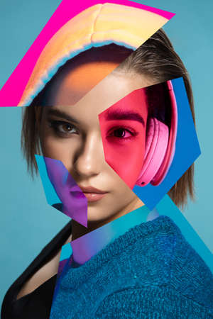 Balance. Young womans portrait made of different pieces of faces, modern art collage. New vision of...