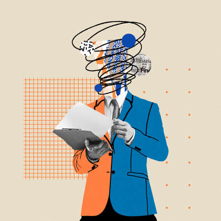 Preparing reports. Comics styled bright orange and blue suit. Modern design, contemporary art...