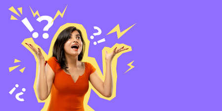 Astonished woman, asking wondered. Collage in magazine style with bright purple background. Flyer...