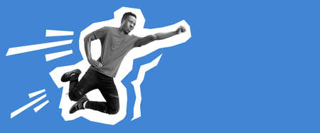 African-american man flying like superhero. Collage in magazine style with bright blue background....