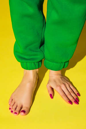 Juicy colors. Bright fashionable hand and leg working up daily things together. Modern artwork,...