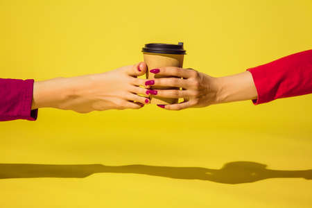 Hot aroma coffee. Bright fashionable hand and leg working up daily things together. Modern artwork,...