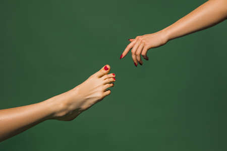 Touch of God. Bright fashionable hand and leg working up daily things together. Modern artwork,...
