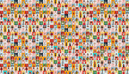 Collage of faces of surprised people on multicolored backgrounds. Happy men and women smiling. Human emotions, facial expression concept. Different human facial expressions, emotions, feelings.の写真素材