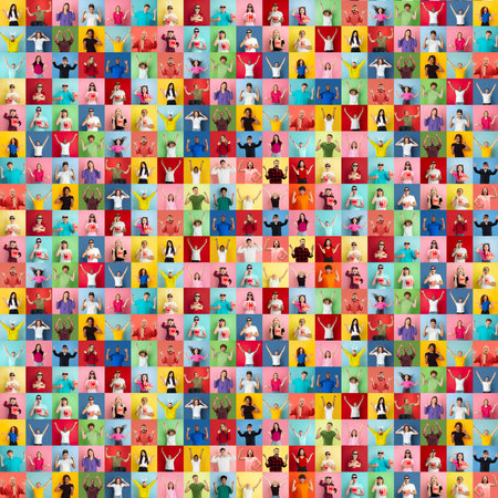 Collage of faces of happy people on multicolored backgrounds. Happy men and women smiling. Human emotions, facial expression concept. Different human facial expressions, emotions, feelings.の写真素材