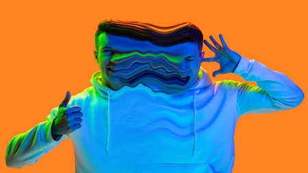 Mental health concept in creative way. Man with different emotions connected by colorful wave....