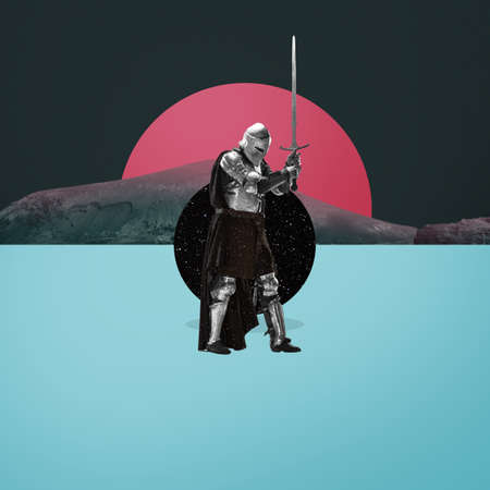 Modern design. Contemporary art collage. Concept of cosmos, outer space, imagination, inspirationの写真素材