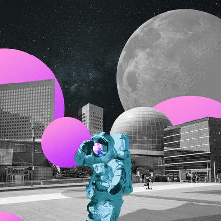 Modern design. Contemporary art collage. Concept of cosmos, outer space, imagination, inspirationの写真素材