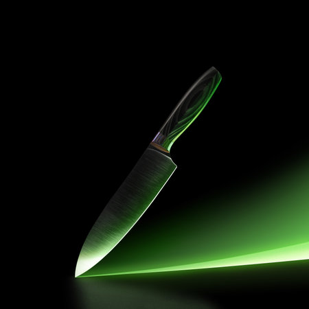 Chef s knife isolated on black studio background with green neon path and copyspaceの写真素材