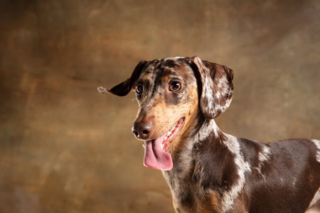 Cute puppy of Dachshund dog posing isolated over brown backgroundの写真素材
