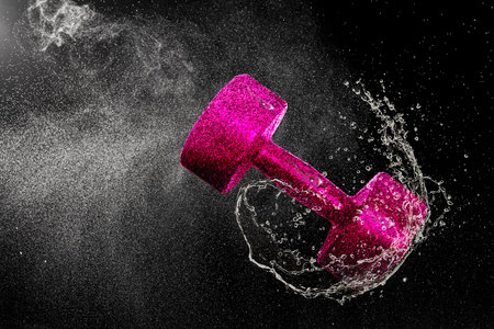 Dumbbell flying in water drops and splashes isolated on black backgroundの写真素材