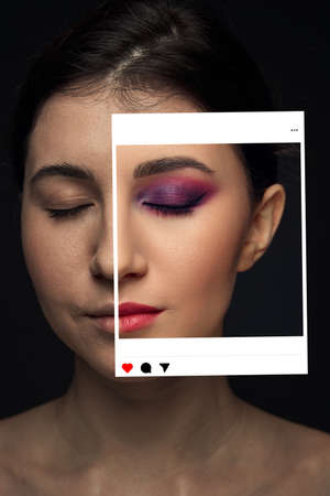 Lie and another life in social media. Girl with make up in photo frame and no make up in real life. Playing pretend.の写真素材