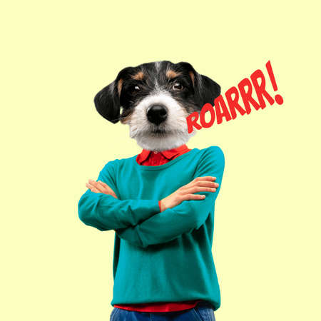Contemporary artwork, conceptual collage. Man headed by dog head. Trendy colors.の写真素材