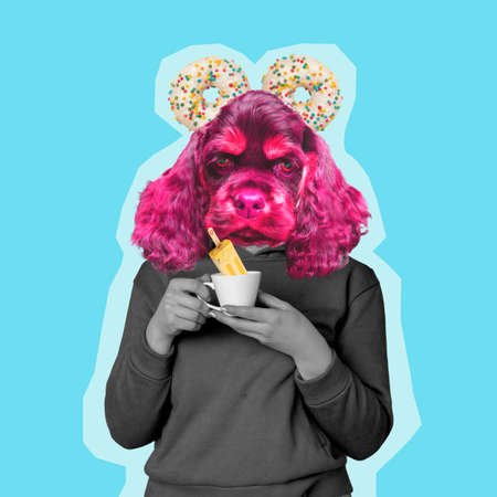Art collage. Young girl headed of dogs head isolated over light blue background.の写真素材