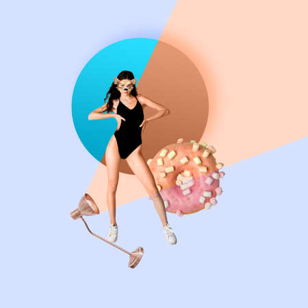 Modern art collage. Young girl isolated over multicolored background.の写真素材