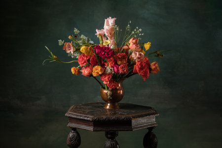 Flower and retro furniture on dark background. Greeting card to Mother's, Parent's day. Beautiful floral mock up with copyspace. Celebrating, spring and summer mood, family concept. Feminine look.の写真素材