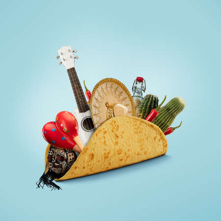 Fresh and tasty taco filled with Sombrero, Ukulele, Maracas, cactus, drink on blue background....