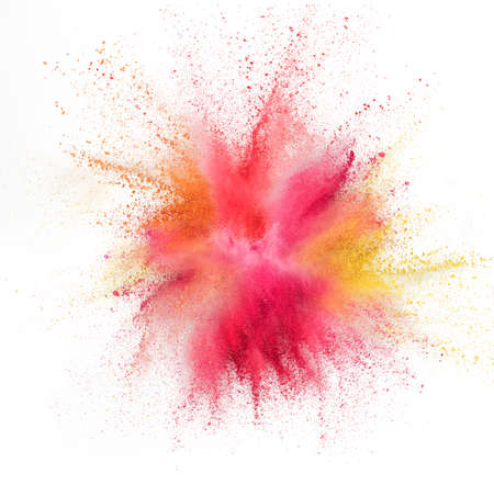 Yellow pink and red bomb. Explosion of colored, fluid and neoned powder on white studio background with copyspace. Trendy, modern colors. Festival, design, beauty concept. Splashing of colors.