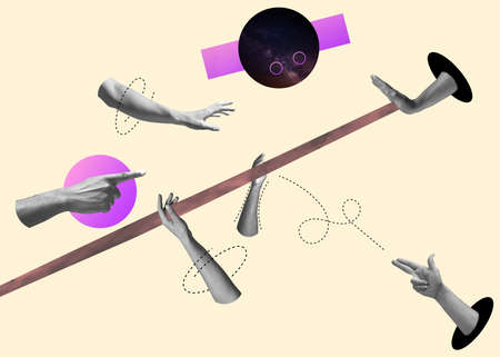 Contemporary art collage, modern design. Aesthetic of hands. Trendy colors.の写真素材