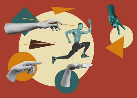 Contemporary art collage, modern design. Aesthetic of hands. Trendy colors.の写真素材